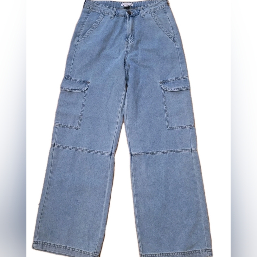 NWT Sincerely Jules Blue Jean Cargo Wide Leg Jeans Sz  7/ 27  Trendy Classic...